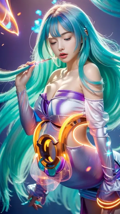 2，(((bishoujo，beautiful girl，Unique，Deep V，Colored hair，open cloths，(Strapless:1.2), ((Exquisite facial features:1.0)，((Leaning forward:1.2))，from below，bailing particles，curvy )))，((laser:1.2))， perfect dynamic composition ,   Fascinating Posture，，masterp...