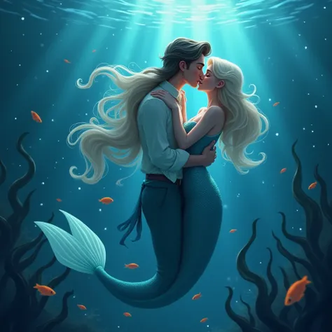 A mermaid is kissing a prince in deep sea her hair is floating inside the water closeup shot eyes closed animation 