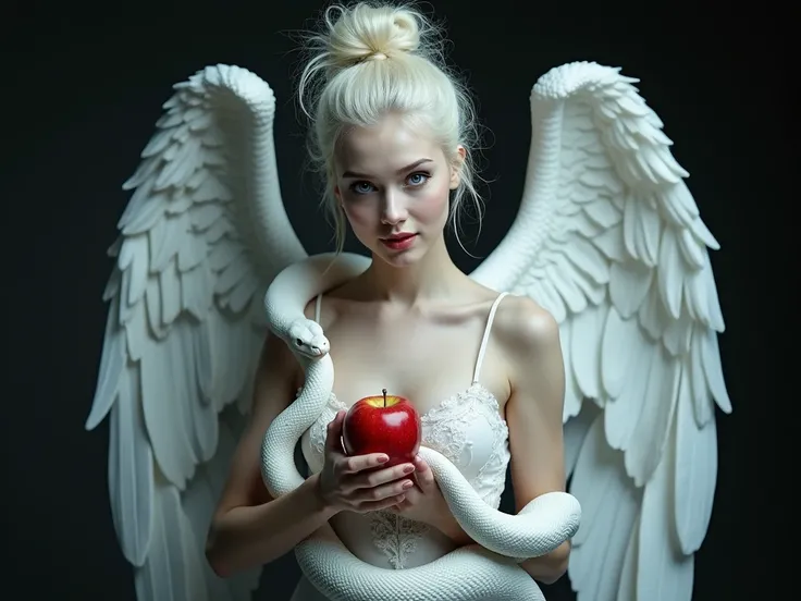 A  perfect body woman with pale skin, sky blue eyes looking to the camera .  pure very white hair in messy bun ,open  large white angelic wings .
white transparent  lace body, holding a red apple in one hand, and the neck of the snake in the other hand kee...