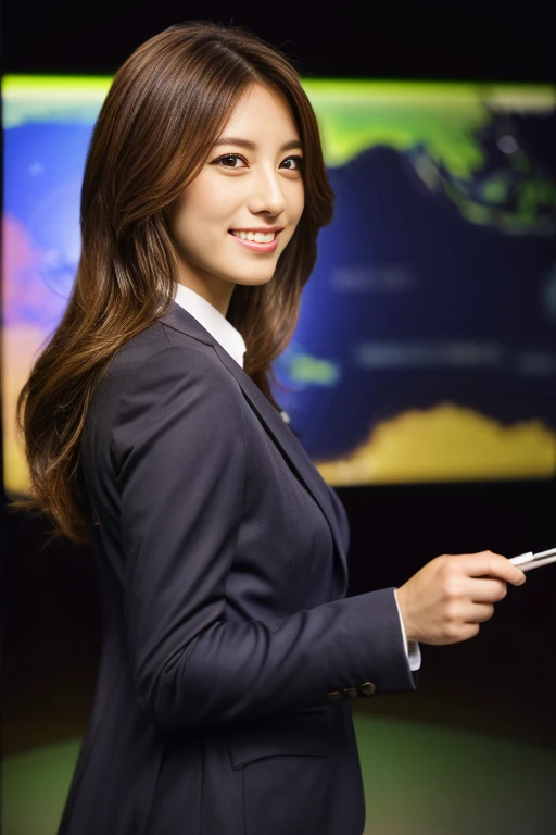 (best quality, 4k, 8k, highres, masterpiece:1.2), ultra-detailed, realistic, 
studio lighting, professional lighting, sharp focus, bokeh background, recording scene of a TV weather forecast program, 1gril, japanese girl weathercaster, light smile, standing...