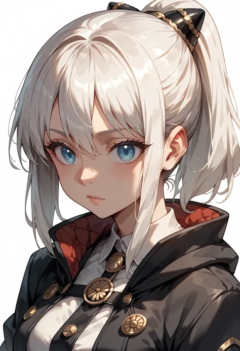  1girl, solo, close-up, high ponytail, medium-length hair, white hair with a strand partially covering the left eye, blue eye half-closed, spy outfit with a fitted black jacket, calm expression, white background
