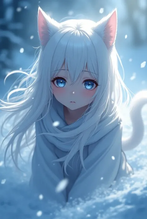 Fille animé avec des oreilles,une queue de chat blanc. Des cheveux long blancs et des yeux bleus froid et un visage sans sourire. Dans une tempête de neige. Des morceaux et des particules de glace