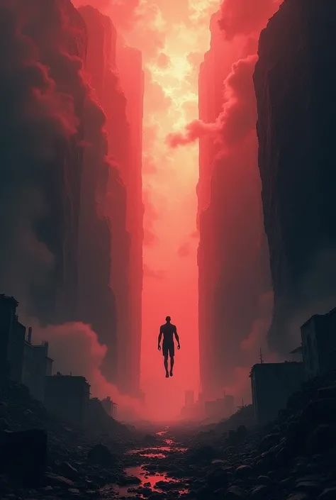 a giant crack in the sky destroying buildings and mountains while creating a monolith in the situation a man falls from the crack you can only see his ruby red eyes in the distance