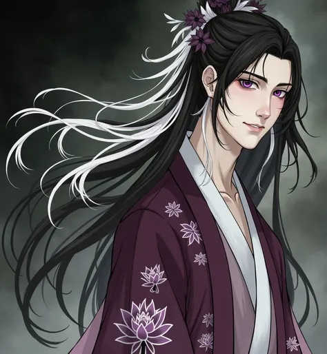 man,  black hair , a lock of hair white , white hair strands on black hair, purple eyes ,  eyes the color of the evening sky ,  purple hanfu with embroidered lotuses, purple hanfu ,  lotuses are embroidered on hanfu,  long hair,  hair gathered in guanem in...