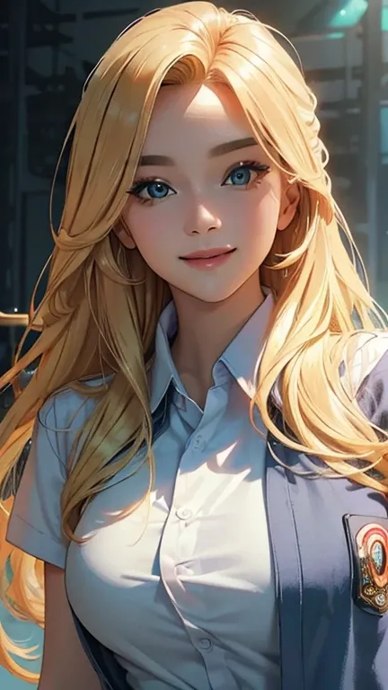 (best quality,ultra-detailed,photo-realistic:1.37),bright and vibrant colors,studio lighting,playful expression,stylish makeup,long blonde hair flowing in the wind,alluring eyes,glossy lips,sexy pose, sweater, osis badge,theater, smiling in a confident and...