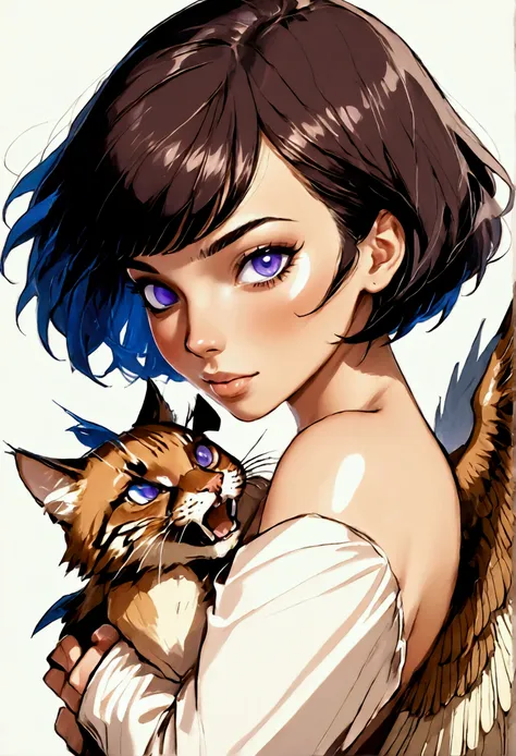 create a drawing of a woman with short hair and bangs, tanned fur, violet eyes, with defiant look. break with a white man with c...