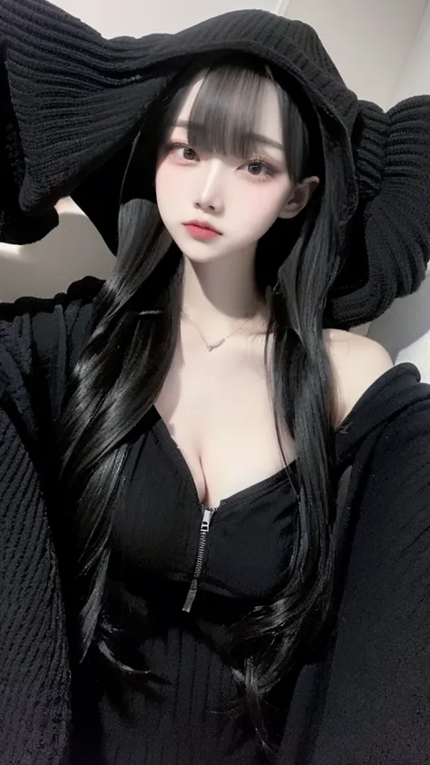 A girl with long black hair wearing a black hoodie with a hood　tall　Large breasts　With bangs　Refers to slender　With waistline