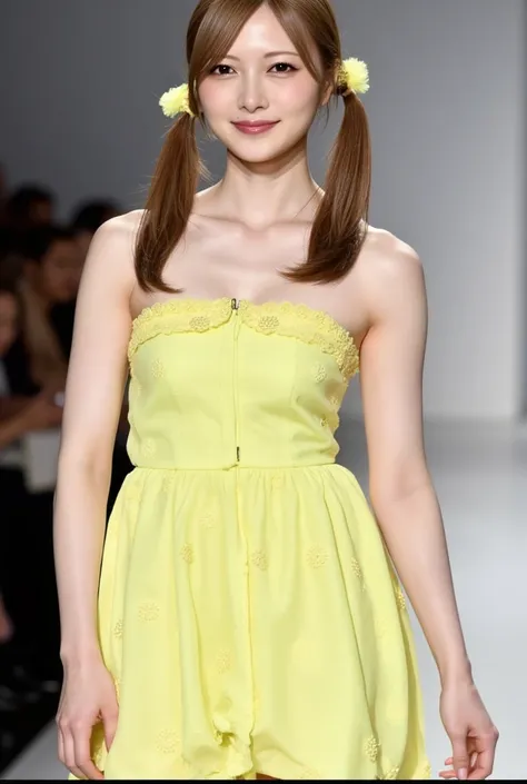  1 girl, Alone、Gal ,(  Long Twin Tails  ), Hair Ribbon,blonde, Brown Eyes 、Beautiful woman, smile, Model beauty  ,  slim figure,  is wearing a bright dress .  her full body was shown walking the runway of a fashion show, bright, Photo-quality images