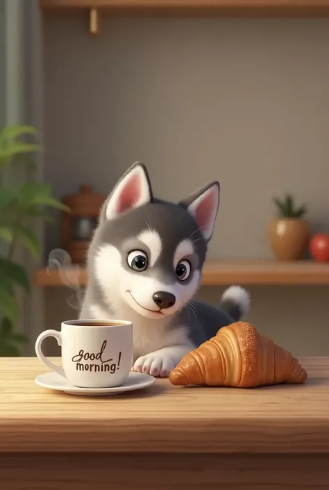 Little beautiful husky puppy laying near a big cup of coffee, croissant,  on table in kitchen, text on cup "good morning !"