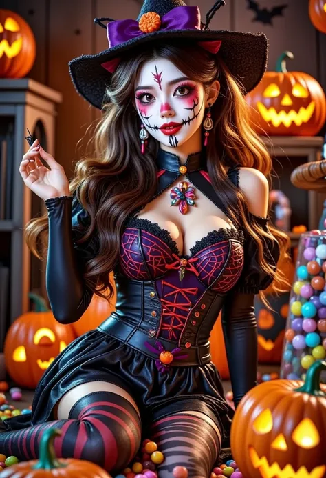 (Vision:1.0)，(Wide Angle:1.0)，(whole body:1.8)，  Halloween themed haunted house ，1girl,  A female model wears scary Halloween makeup，Wear a Halloween character costume，decorate，Atmosphere，(Halloween lanterns :1.3)，(colorful candy:1.5)，Halloween ，detail，viv...