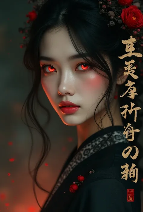 (best quality, movie poster style), a beautiful woman with (one red eye:1.2),(meaningful chinese script writing:1.1), combining the elements perfectly together.