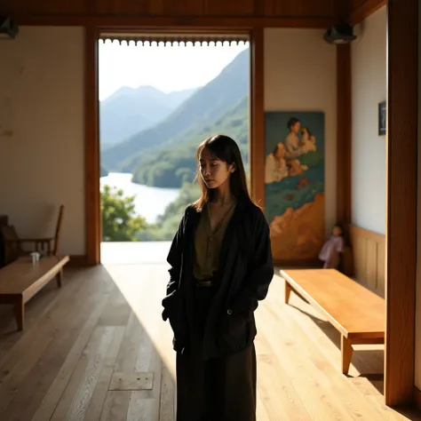 A highly detailed and realistic photo of an slender East-Asian woman in her mid-twenties standing quietly inside a traditional wooden room. She has long, dark hair, which falls softly around her shoulders, and she wears a dark, oversized jacket with her ha...