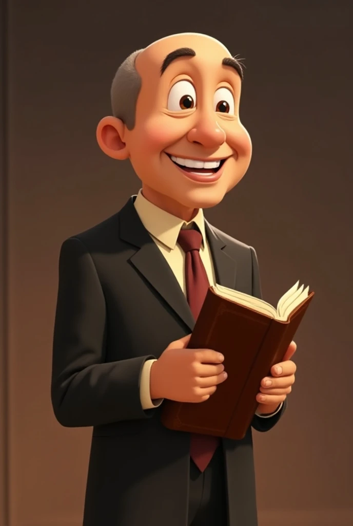 smiling, man, brown,  bald,  holding the holy bible, with suit, preaching,  em disney cartoon.