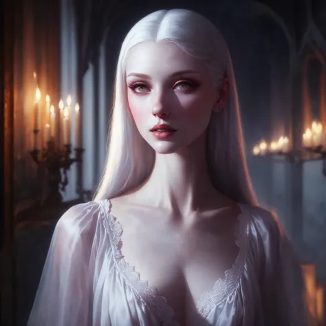 a close up of a woman with long white hair and a white dress, yuri shwedoff and tom bagshaw, artstyle tom bagshaw, tom bagshaw artstyle, portrait of a lady vampire, natalie shau tom bagshaw, lori earley, vampire portrait, elegant lady with alabaster skin, ...