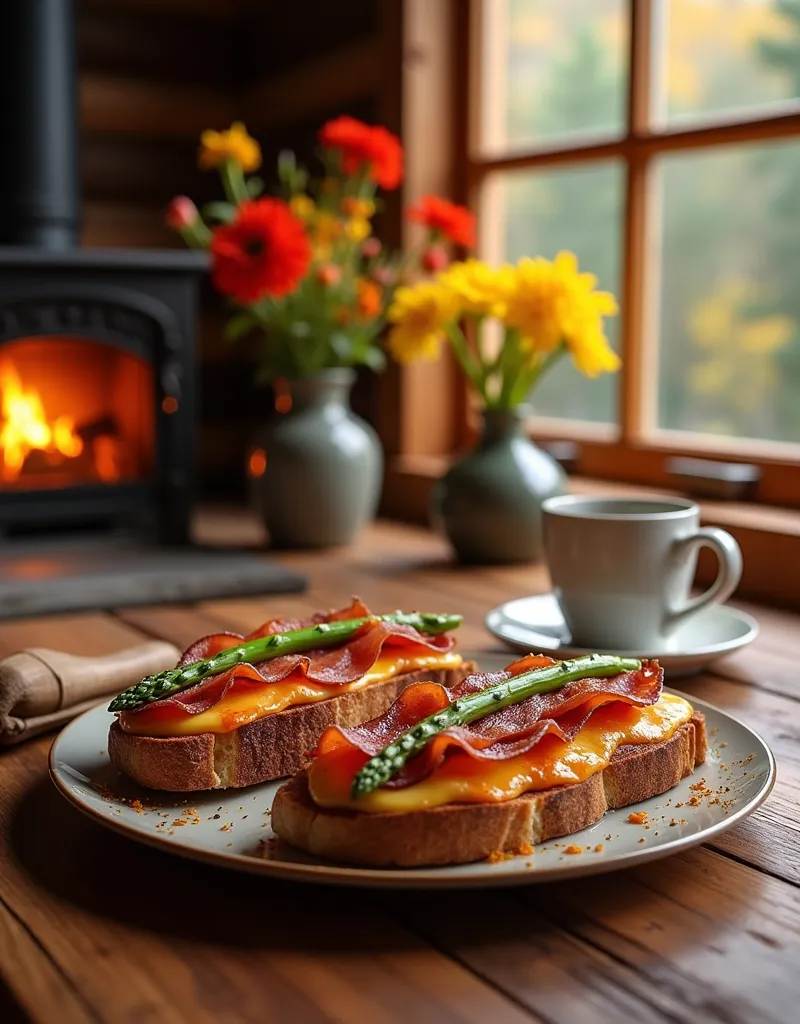 A piece of bread, bread on a plate. The bread has bacon, salami and asparagus on it, with cheese on top. The bread is baked in the oven. The ingredients are browned. A wooden table is placed by the window of the log cabin with coffee and bread. Next to the window is a fireplace with an oven. Autumn view, flowers in vases.