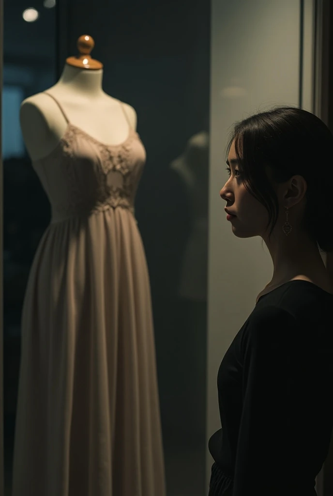 Woman seeing a dress on a mannequin that no longer fits her with a lot of sadness