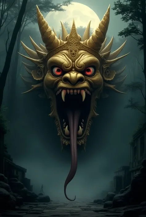  The head of the Golden Barong of Bali looked huge and terrifying ,  with glaring red eyes ,  sharp golden fangs protruding from his mouth , as well as pointed horns .  His gold-ornamented crown resembled dangerous horns,  adding to the mystical and intimi...