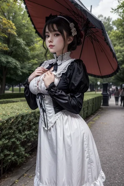 sagging breasts,big ass,Beauty, Cover your chest with your hands,Cover your chest with your hands,Lift your chest with your hands,Cross your arms and place your chest on your arms, A woman dressed in elegant gothic lolita fashion, holding a parasol. Her ou...