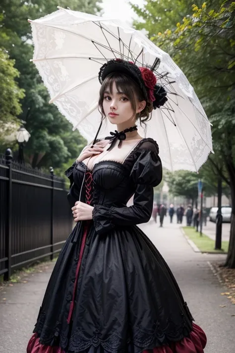 sagging breasts,big ass,Beauty, Cover your chest with your hands,Cover your chest with your hands,Lift your chest with your hands,Cross your arms and place your chest on your arms, A woman dressed in elegant gothic lolita fashion, holding a parasol. Her ou...