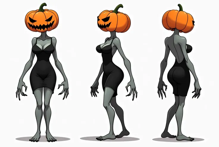 (cartoonishly evil) character study (shown from side, rear, and front) Pumpkin Queen (lanky woman full hips, long saggy breasts, slinky black dress plunging neckline, gray skin, Jack-O-Lantern head)
