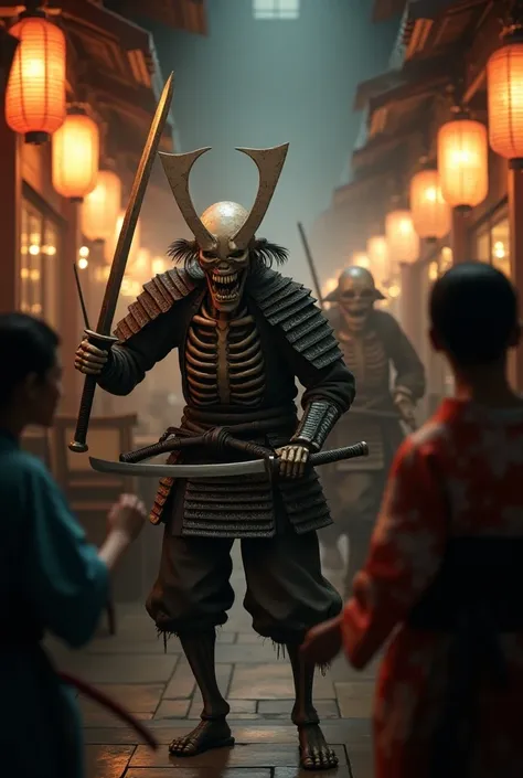 Hyperrealistic image, maximum quality, super detailed, samurai skeletons in an old izakaya, annoying, aggressive, scary, ancient Japan, terror, attacking people in kimono, scared people running away, Screaming