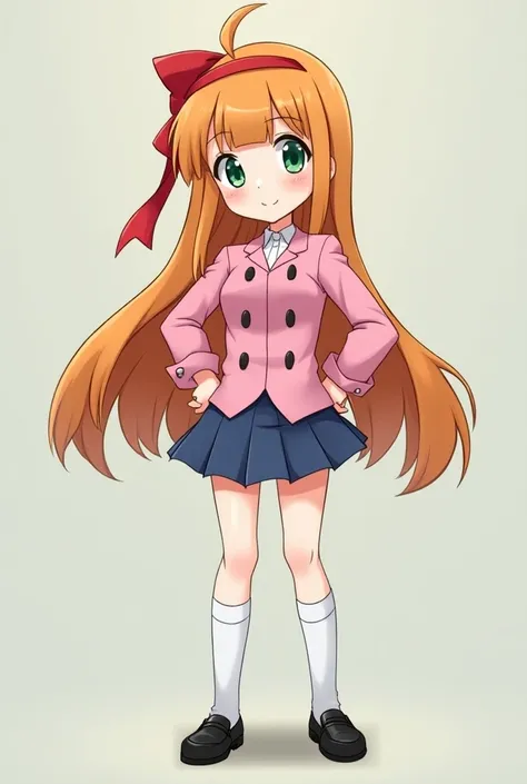 Character from Murder Drones (Glitch production), with square bangs, long straight orange hair, a red bow on the left side of her head, a pink shirt with black buttons, and a blue mini skirt, with white knee-high socks and shoes black schoolren and green e...