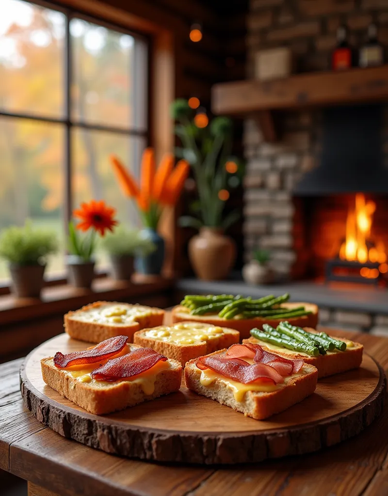 A piece of bread, cut into squares, the bread is on a plate. The bread has bacon, salami and asparagus on it, with cheese on top. The bread is baked in the oven. The ingredients are browned. A wooden table is placed by the window of the log cabin with coffee and bread. Next to the window is a fireplace with an oven. Autumn view, flowers in vases.