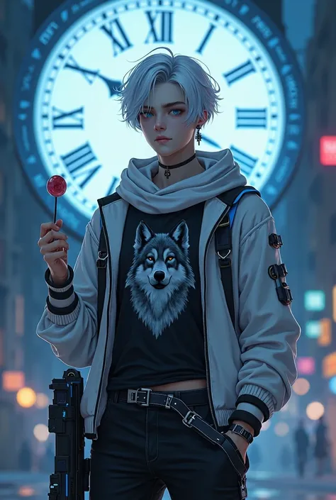  A boy of about , he has bright white hair, , aquamarine eyes, wearing jewels ,White skin ,, sweet face like a womans ,, slim body, but very muscular, and has a very strong belly. He wears a black T-shirt with a gray wolf print in the middle that is worn. ...