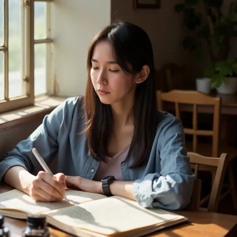 Scene Description: "A young slender east-asian woman sits at a wooden table, deeply focused on writing in a notebook. The soft sunlight filters through a nearby window, casting warm, natural light across the room. The room has a cozy, rustic feel, with woo...