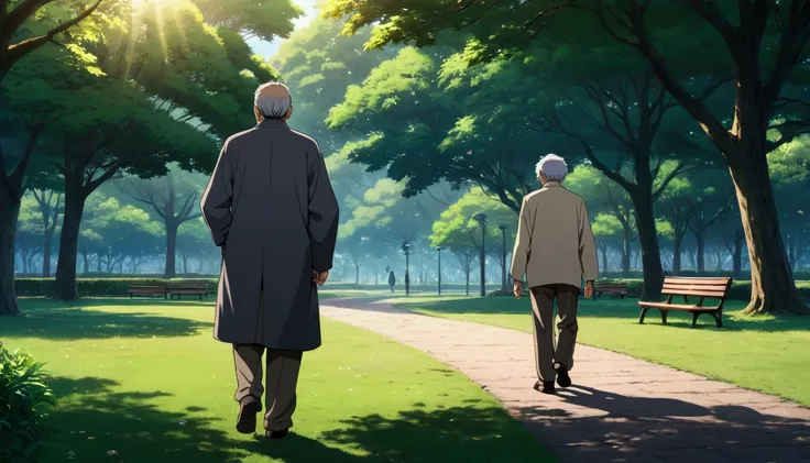 a retired man walking in the park, anime style