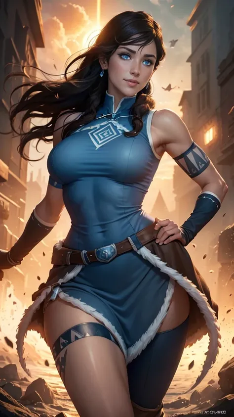 Korra da avatar,(best quality, 4K,8k,high resolution,work of art:1.2)(weather: sunrise), tundra background, artic village, wide hips, long curly hair, brown hair, freckles, sleeveless crop top, fur belt, tight skirt, long dress trail, stockings, winter boo...