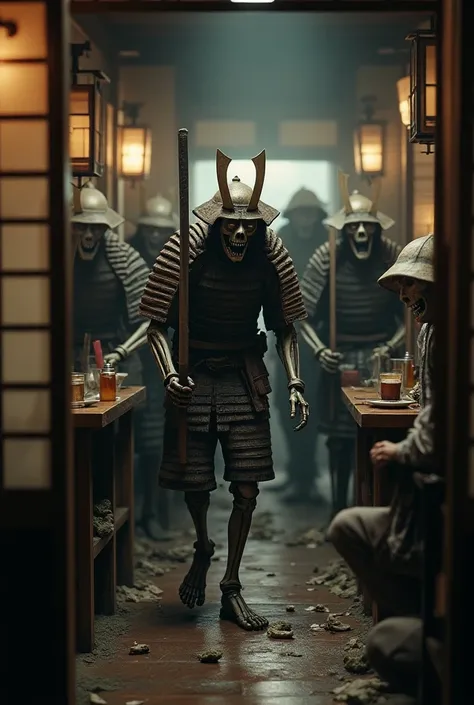 Hyperrealistic image, maximum quality, super detailed, samurai skeletons in poor condition, in an old izakaya, annoying, aggressive, scary, ancient Japan, terror, attacking people in kimono, scared people running away, Screaming