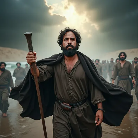 MEDIUM SHOT.  upper body . A 38-year-old man with a beard,  with a determined face and expression of leadership ,  stars in a biblical scene from Exodus .  Wear a worn robe and a dark mantle ,  fluttering slightly in the wind while holding a cane up . behi...