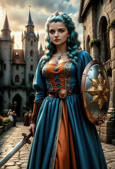 lady raya from the game defender of the crown, standing proudly in a medieval castle courtyard, with stone walls, banners, and k...