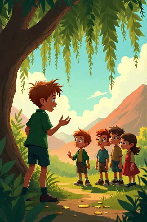 Brave boy telling a story to his friends under a willow tree about seeing a leprechaun in the red hills