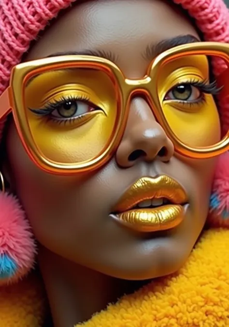 Image is a vibrant, high-fashion portrait featuring a person with white skin and striking facial features. They are wearing oversized, translucent pink glasses that cover a significant portion of their face. The subjects eyes are accentuated with bold, yel...