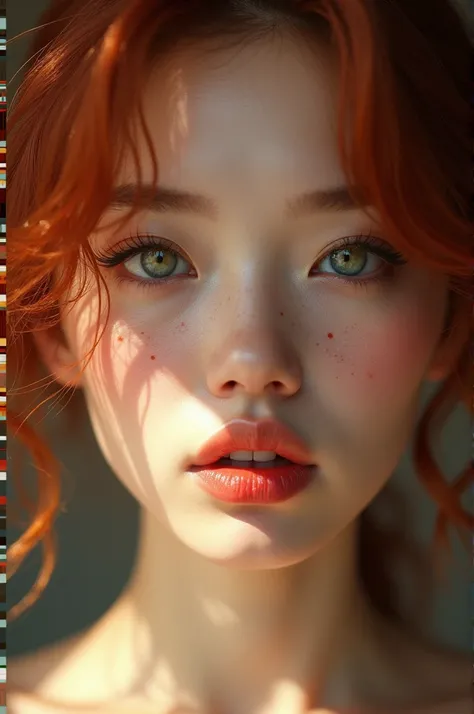   red-haired  of Korean origin with a more mature face with a more mature face, pale skin, freckles, black hair teal eyes ,  fleshy and shiny lips , labia majora, thick lips, parted lips,  pink with illuminated sunlight your face face with illuminated natu...