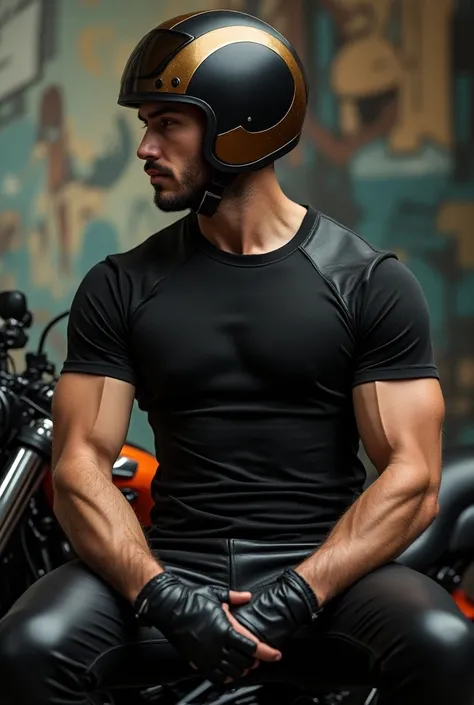 master piece,  HD , 4k handsome and muscular white man ( with modern motorcycle helmet )(hairy body)  strong and muscular legs big bulge tight leather pants ,  bicolor t-shirt made of leather and velvet fashion with spectacular estoperoles, fashionable,  m...