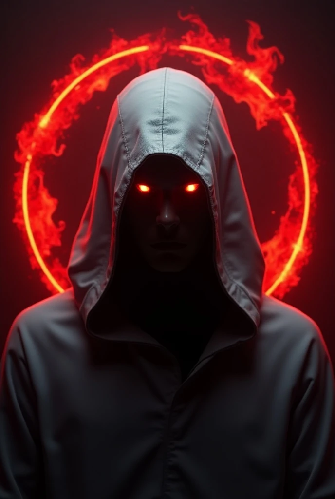 Faceless white hooded man from shoulder up with red eyes  ,  inside an intense dark red hoop with double neon with fire-themed 3D logo background