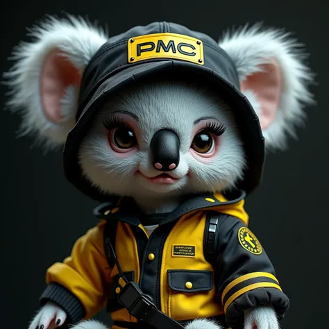 Hyper realistic badass look koala doll wearing girl mafia look outfit, cyberpunk jacket style, HD, dark background, PMC logo embroided to the outfit, black and yellow oufit, long eyelashes and eyeliner, bucket hat