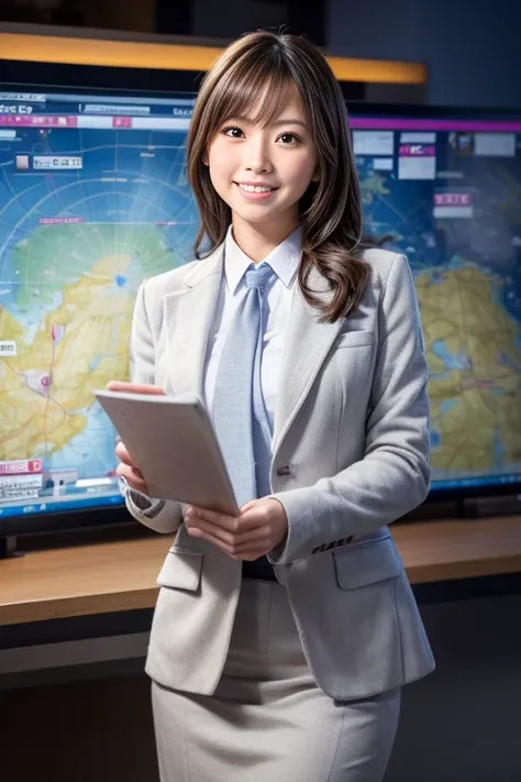 (best quality, 4k, 8k, highres, masterpiece:1.2), ultra-detailed, realistic, 
studio lighting, professional lighting, sharp focus, bokeh background, recording scene of a TV weather forecast program, 1gril, japanese girl weathercaster, light smile, standing...