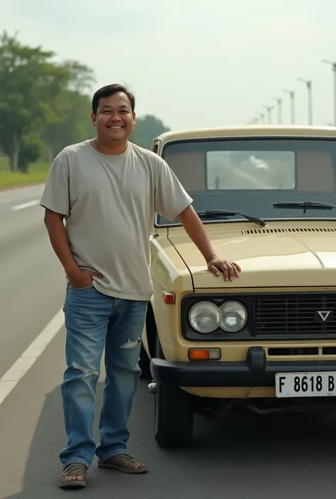 A young Indonesian mechanic,a little fat, wears an ash t-shirt and ripped jeans , stands and smiles next to his antique car, mitsubishi pick-up colt 120 that was in production in the 80s with flat number F 8618 BE,warma cream ,background, highway in a mode...