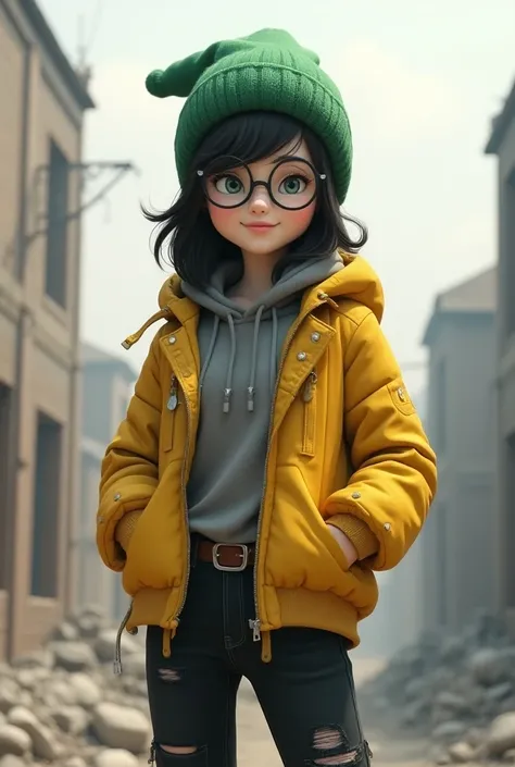 1girl,:1.3),(s),(),(White girl),(white face:1.2),,killjoy,green beanie, round glasses, yellow jacket, grey shirt, belt, (black pants:1.2), torn clothes,standing,smile,smiling,(ruins),(hands on pockets),masterpiece,extremely detailed CG unity 8k wallpaper, ...