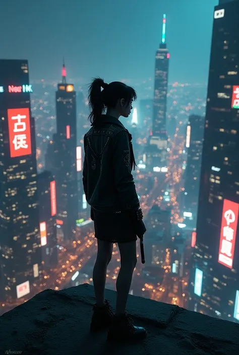 Cyberpunk girl on top of a building looking at the cyberpunk city at night