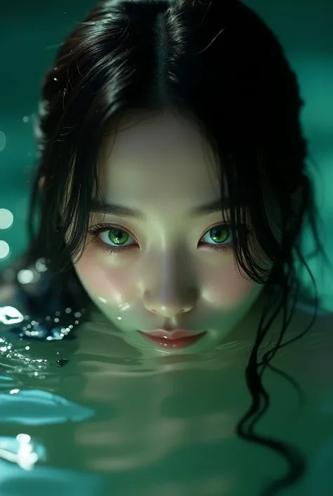 Korean   with green eyes, shiny water, black hair 