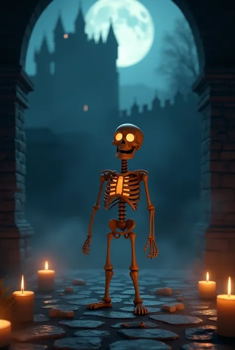 Halloween, A skeleton, happy face, medieval castle, candles, fog, moonlit night