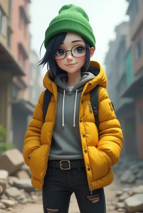 1girl,:1.3),(s),(),(White girl),(white face:1.2),,killjoy,green beanie, round glasses, yellow jacket, grey shirt, belt, (black pants:1.2), torn clothes,standing,smile,smiling,(ruins),(hands on pockets),masterpiece,extremely detailed CG unity 8k wallpaper, ...