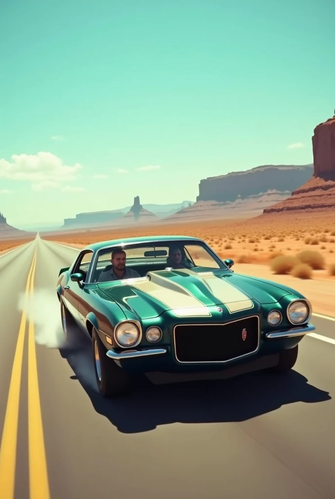 A man drives an American car from the 70s on a long highway in the desert