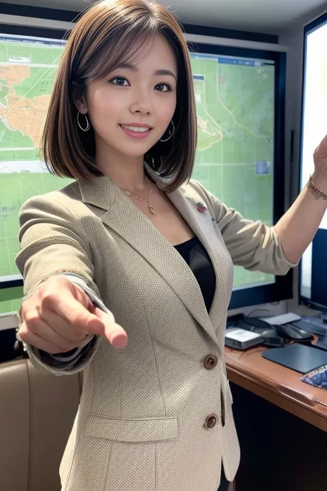 (best quality, 4k, 8k, highres, masterpiece:1.2), ultra-detailed, realistic, 
studio lighting, professional lighting, sharp focus, bokeh background, recording scene of a TV weather forecast program, 1gril, japanese girl weathercaster, light smile, light br...