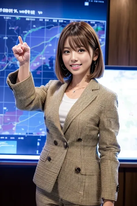 (best quality, 4k, 8k, highres, masterpiece:1.2), ultra-detailed, realistic, 
studio lighting, professional lighting, sharp focus, bokeh background, recording scene of a TV weather forecast program, 1gril, japanese girl weathercaster, light smile, light br...